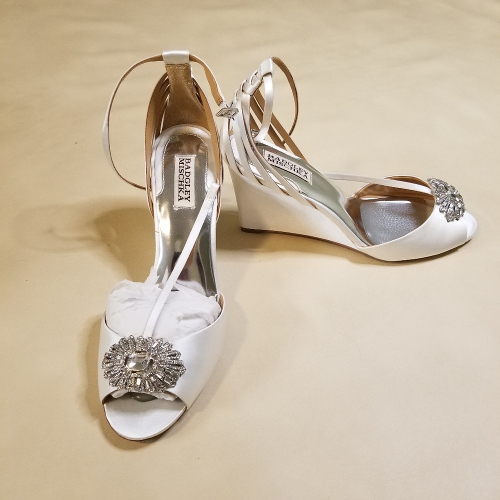 BADGLEY MISCHKA White Satin Rhinestone Wedge